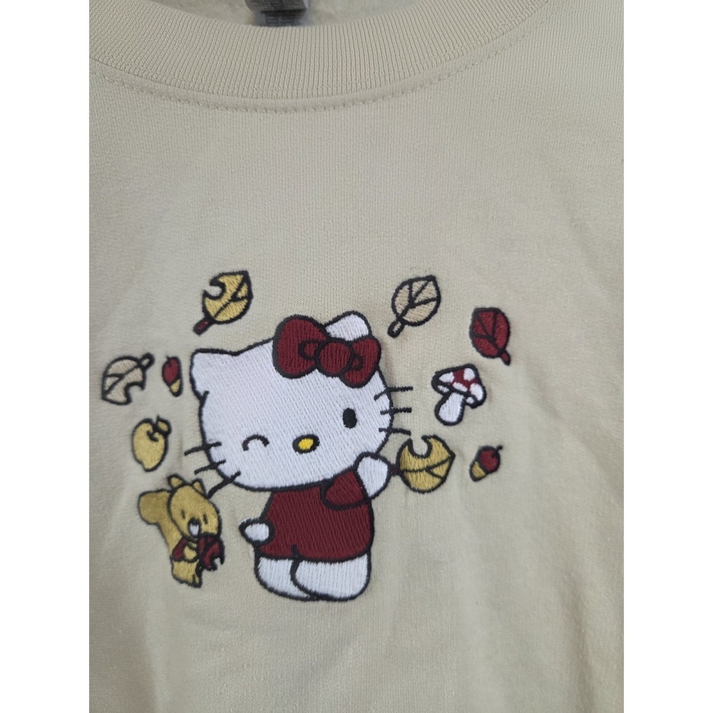 Hello Kitty Sanrio  Beige Fall Autumn‎ Leaves Embroidered Sweatshirt Medium - Picture 2 of 9